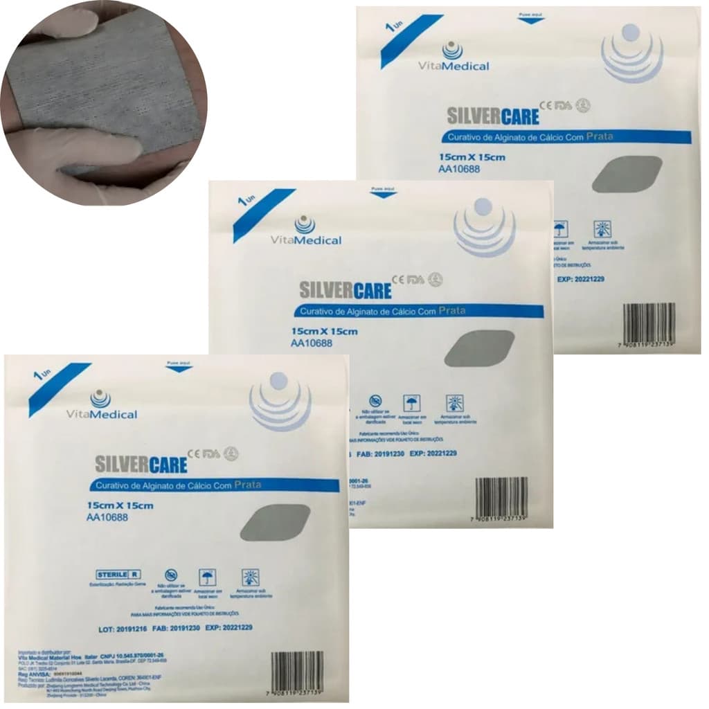 Kit 3 Alginato Calcio Prata Ferimentos Pele Lesionada Lesão 15x15cm Vitamedical