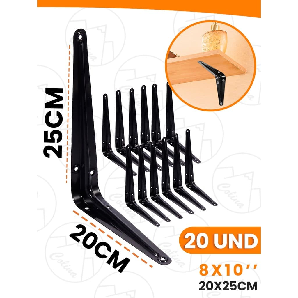 Kit 5 a 20 Mão Francesa Reforçada Cantoneira Metálica Preta 8x10'' 20x25CM Suporta 12KG Nano Shop
