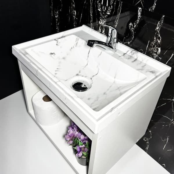 Gabinete Banheiro com Pia Branca efeito Marmorizada 40cm Lavatório/ Armário de Banheiro Casa