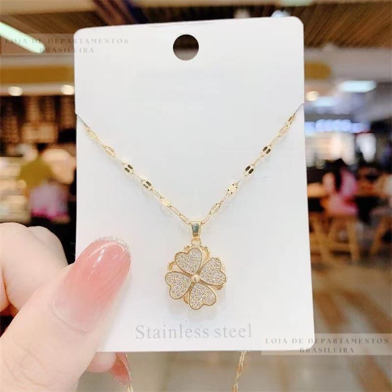 Colar De Clavícula De Aço Titânio Com Trevo De Quatro Folhas/Cristal/Ouro 18K/Coreano/Simples