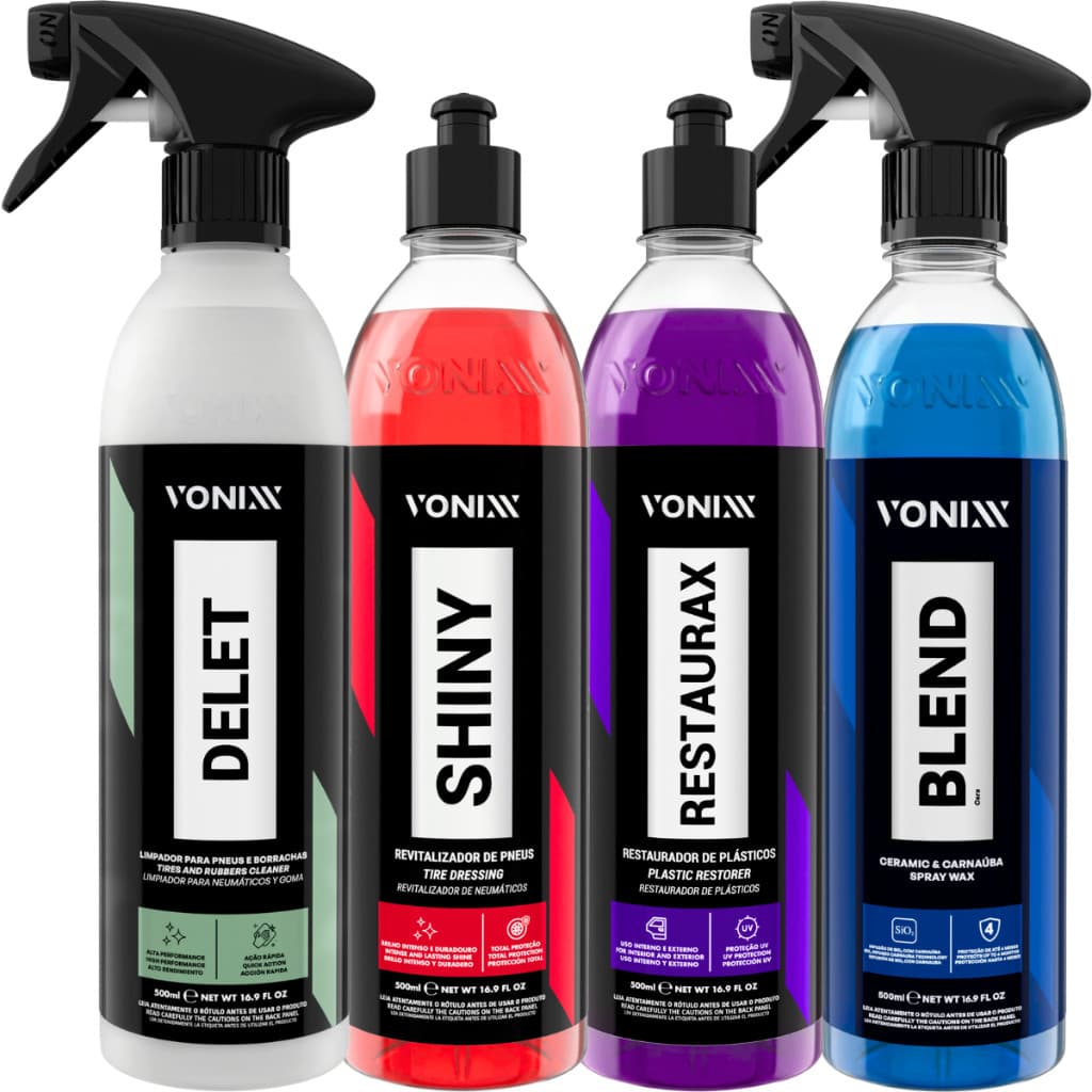 Kit Limpador de Pneus Shiny Pneu Pretinho Brilhante Restaurax Revitalizador Blend Spray Cera Vonixx