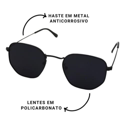 Óculos de Sol Hexagonal Lente Preta com Proteção Uv400 Masculino Feminino