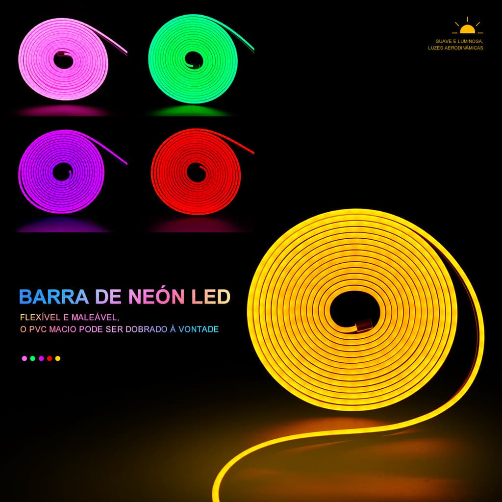 Fita de Led Mangueira Neon 5 Metros Alto Brilho Flexivel Siliconada IP65 Com ou Sem Fonte