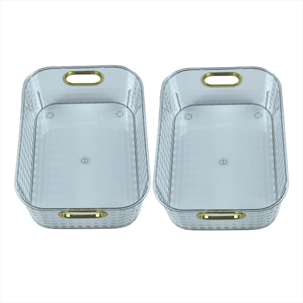 Kit 2 Cestas Organizadoras Transparentes Alça Dourada FWB Decorativa Multiuso Luxo Elegante