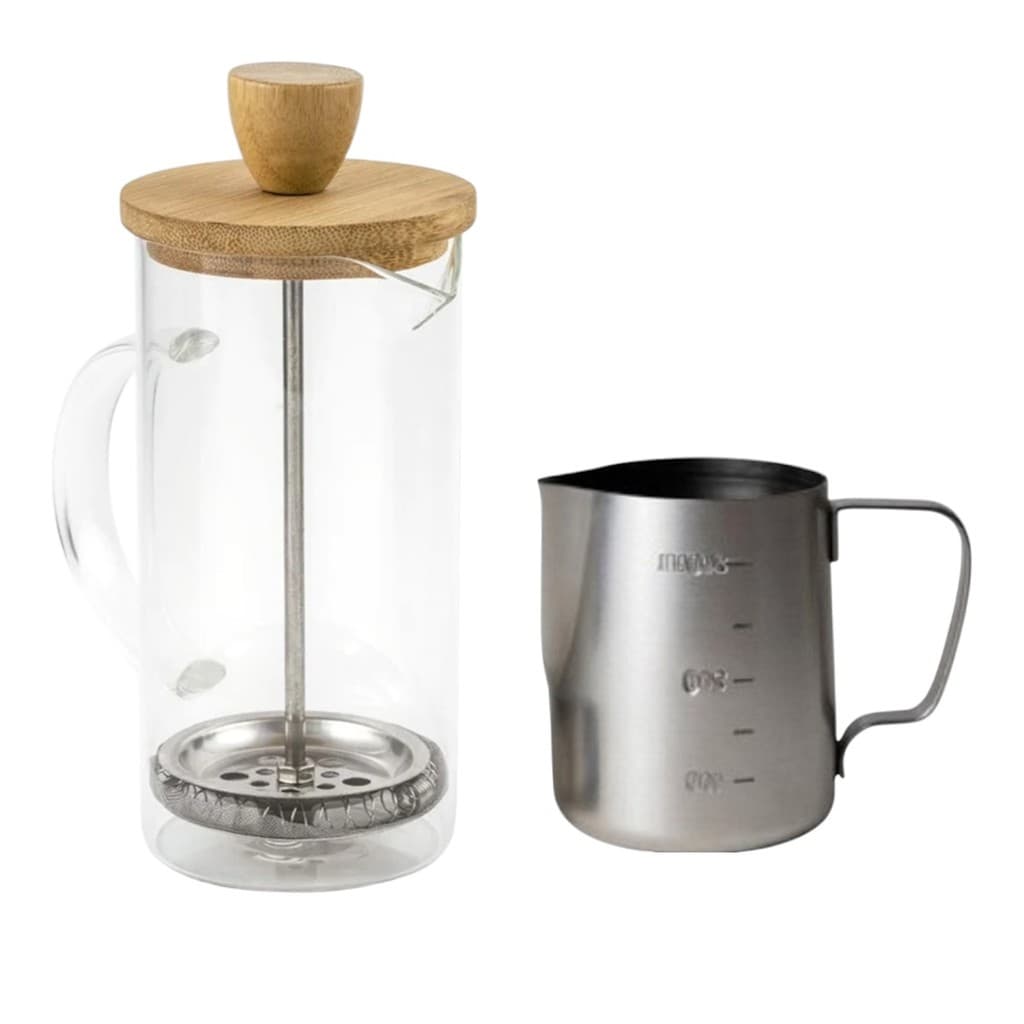 Cafeteira Prensa Francesa Vidro + Leiteira Inox 350ml