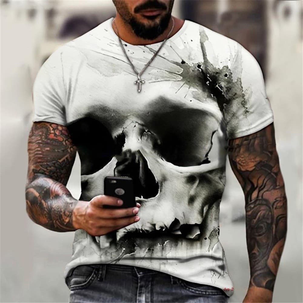 Camiseta Crânio Preto Homem Punk 3D Impressão Retro Gótico Vestuário Masculino Top De Verão