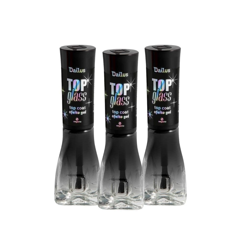 Kit 3 Top Glass Dailus Top Coat Acabamento em Gel Unhas Brilho Intenso 8ml