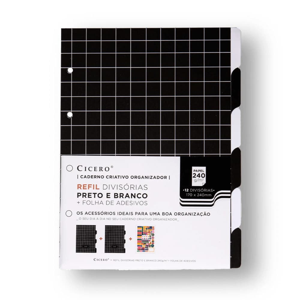 Refil Caderno Criativo Argolado 17x24 Divisórias Preto e Branco Cicero