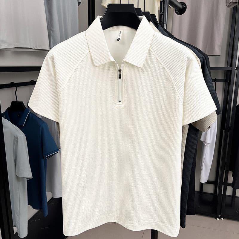 2026 novo estilo de verão masculino camiseta de seda brilhante estilo hong kong lapela Casual All-Match camisa POLO zípe
