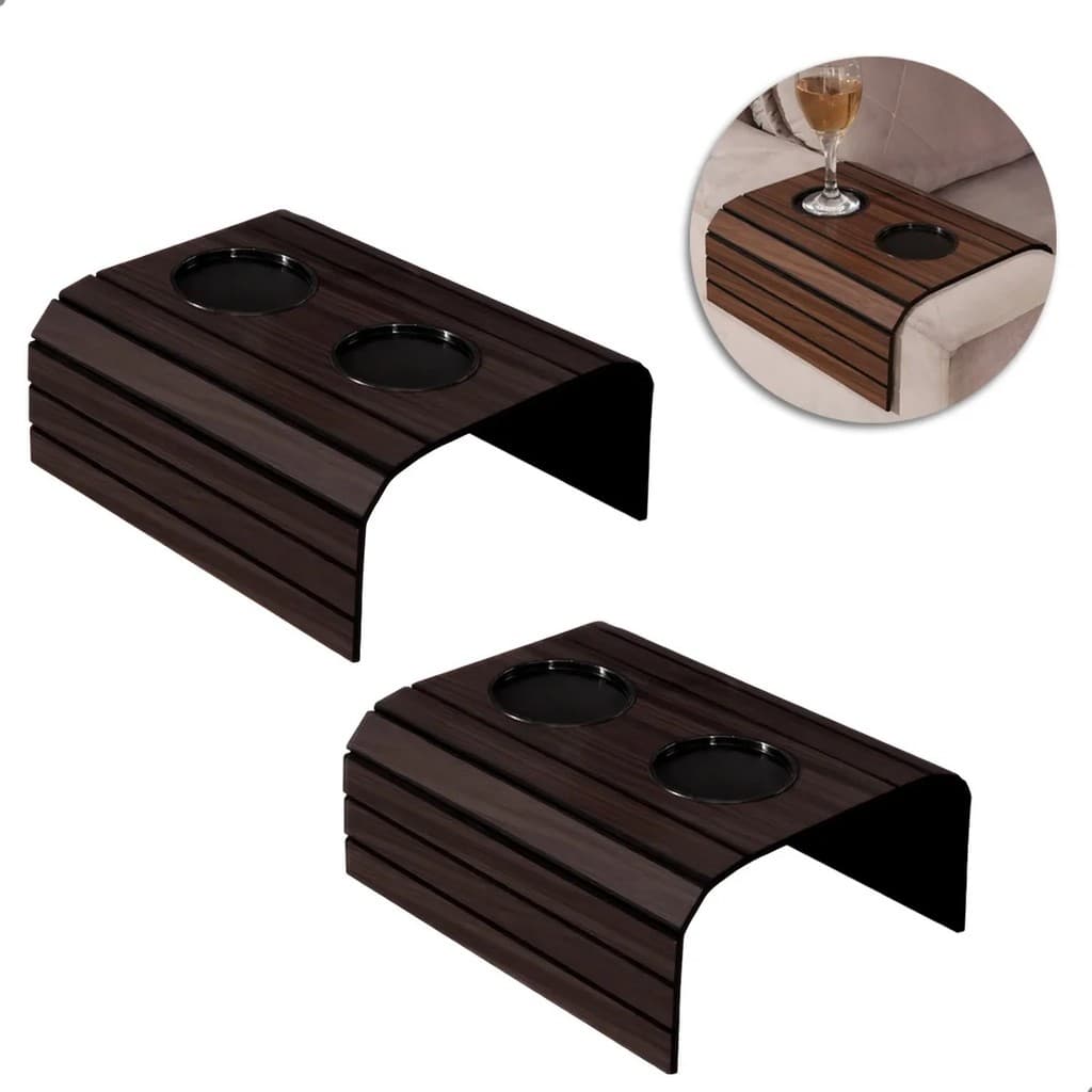 Kit 2 Suportes Sofá Mdf 2 Porta Copos Design Moderno Frisos Pretos Estável Prático Sala Poltrona Ergonômico Ajustável