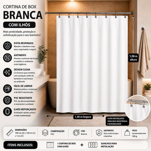 Cortina Box Banheiro Impermeavel Facil Instalar Ganchos Resistente Branca