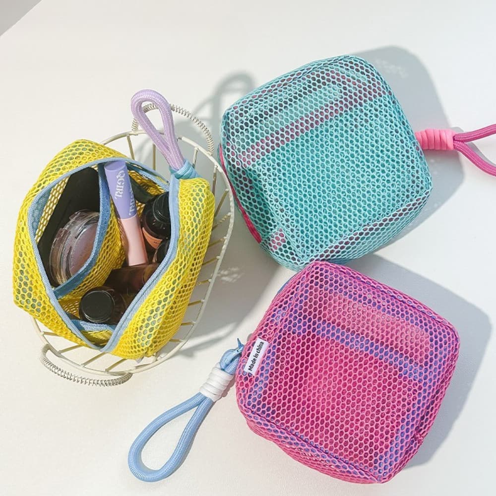 Bolsa De Armazenamento Quadrada De Malha Colorida Com Cordão Portátil Para Cosméticos De Higiene Pessoal Viagem