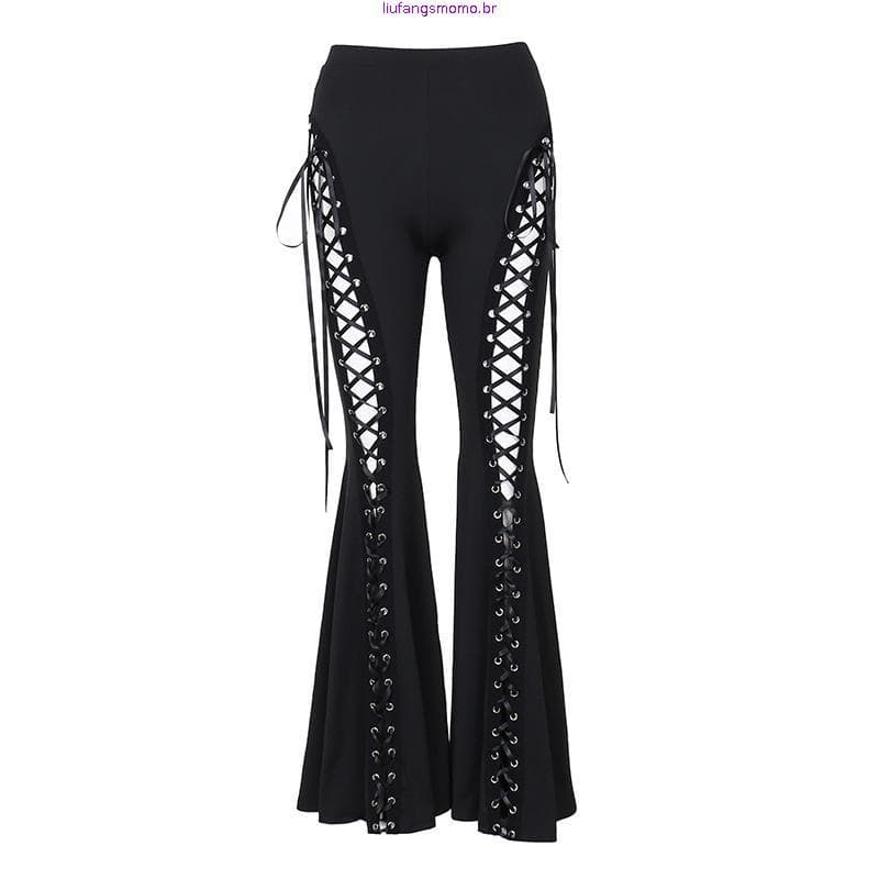 Hi * Calça Flare Feminina Elegante Ilhó E Detalhe Gravata Tecido Elástico