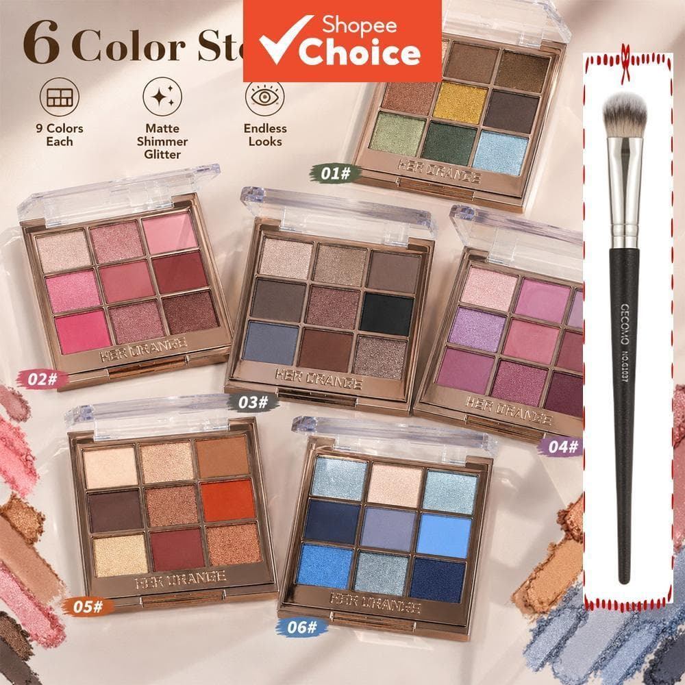Paleta de Sombras HERORANGE 9 Cores 16,2g com Pincel de Sombra Grátis, Mate e Luminosa, Longa Duração, Maquiagem Diária
