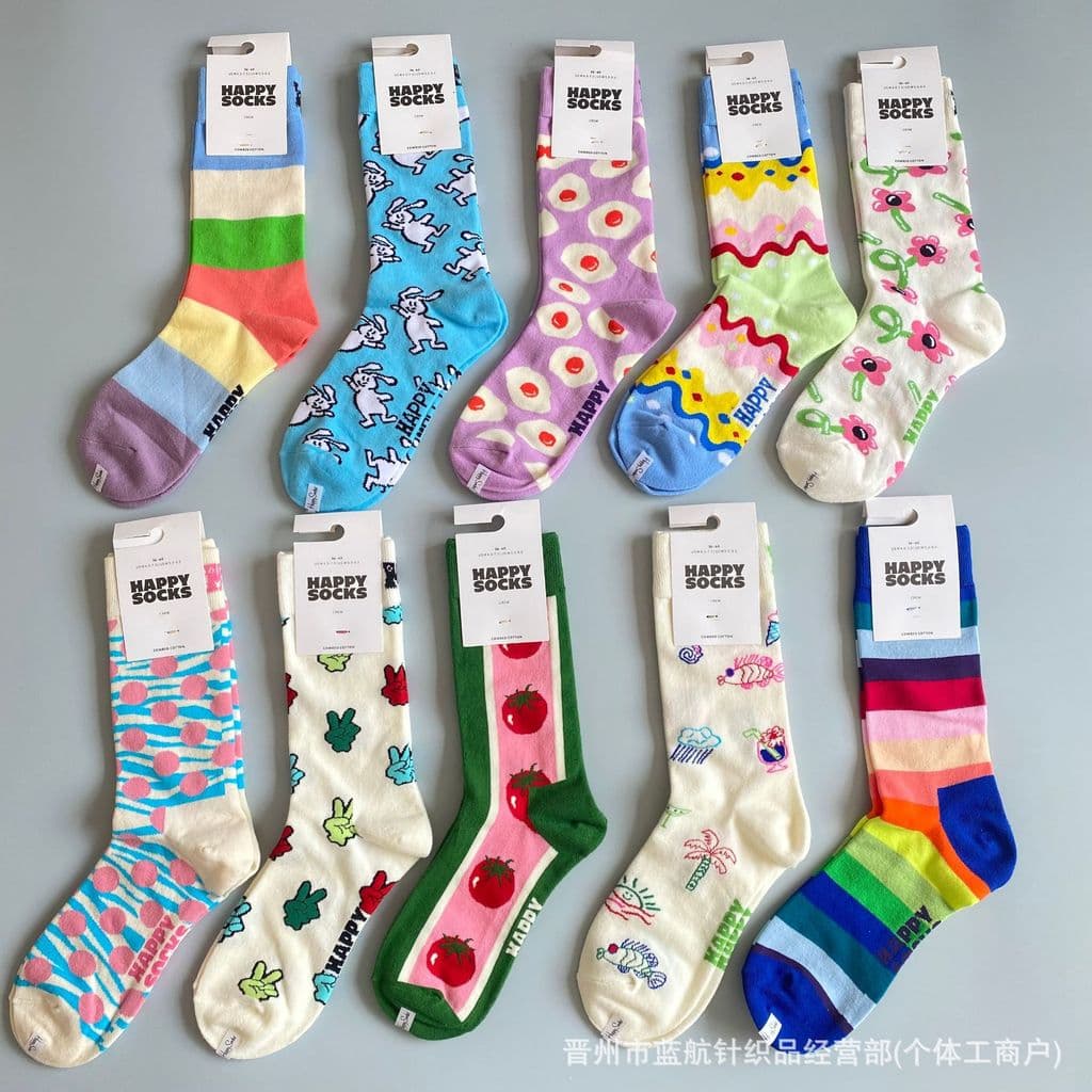 Street Wear Happy ins All-Match Four Seasons Meias femininas de tubo médio alto colorido dopamina