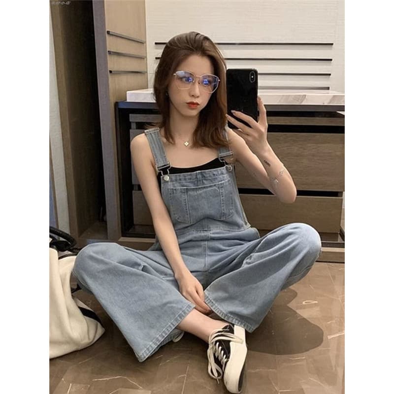 Denim perna tamanho grande solto alta esfregar chão macacão feminino influenciador novo estilo macacão 2023 cintura larg