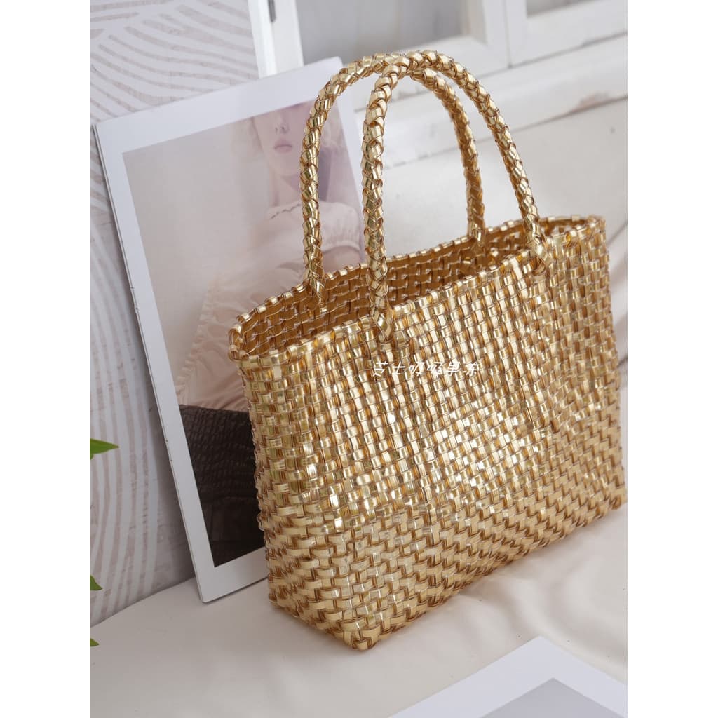Estilo japonês ins estilo tecido bolsa feminina All-Match Retro um ombro mão-tecido lantejoulas bolsa de ouro