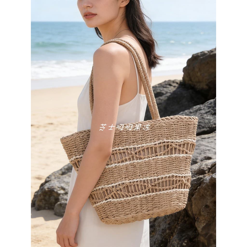 Primavera lazer saco de palha oco mão-tecido saco sacola estilo férias praia bolsa de ombro bolsa