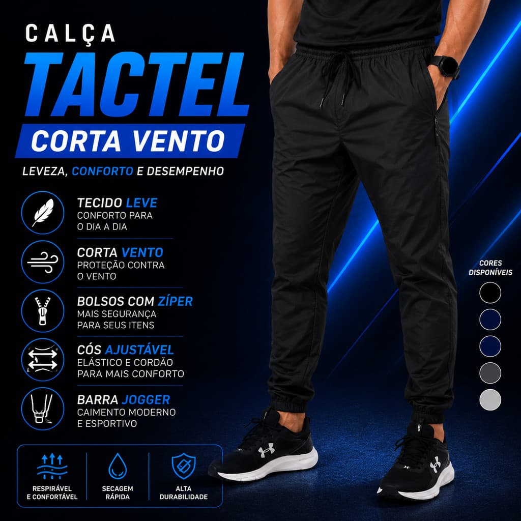 Calça Tactel Corta Vento Zíperes Verão Jogger Sport