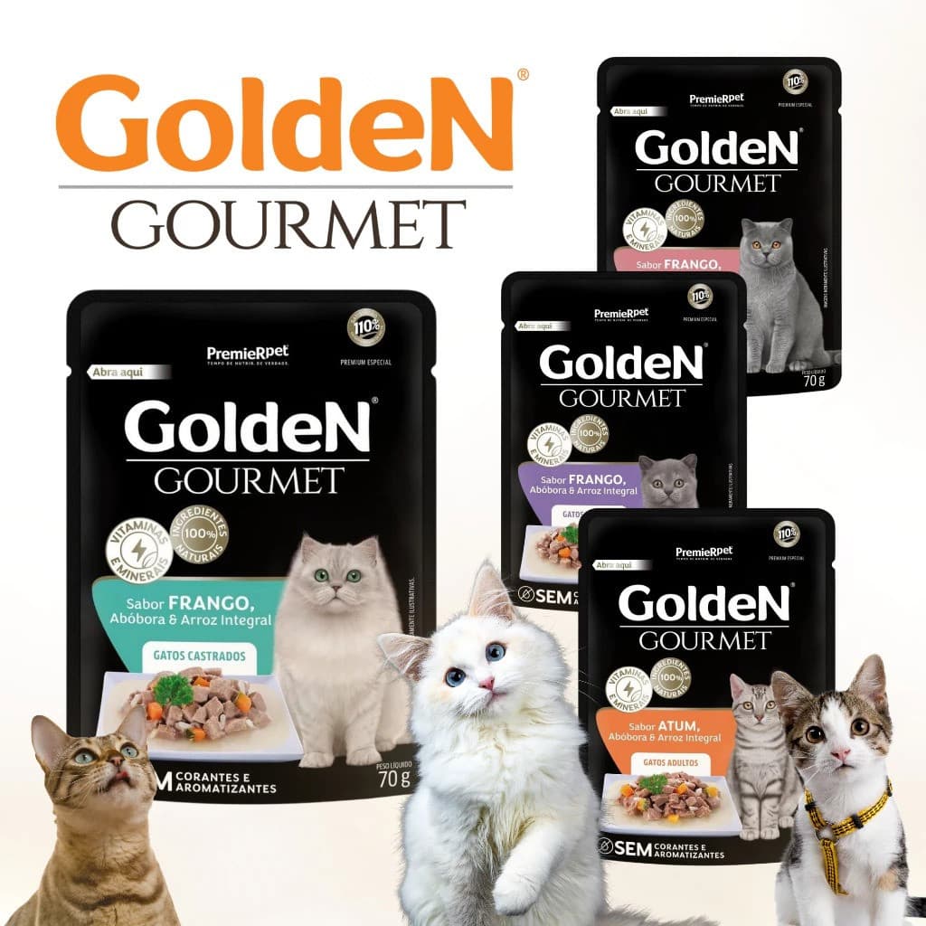 10 Sachês Golden Gourmet Gatos Castrados, Adultos e Filhote sabores Carne, Frango e Atum 70g