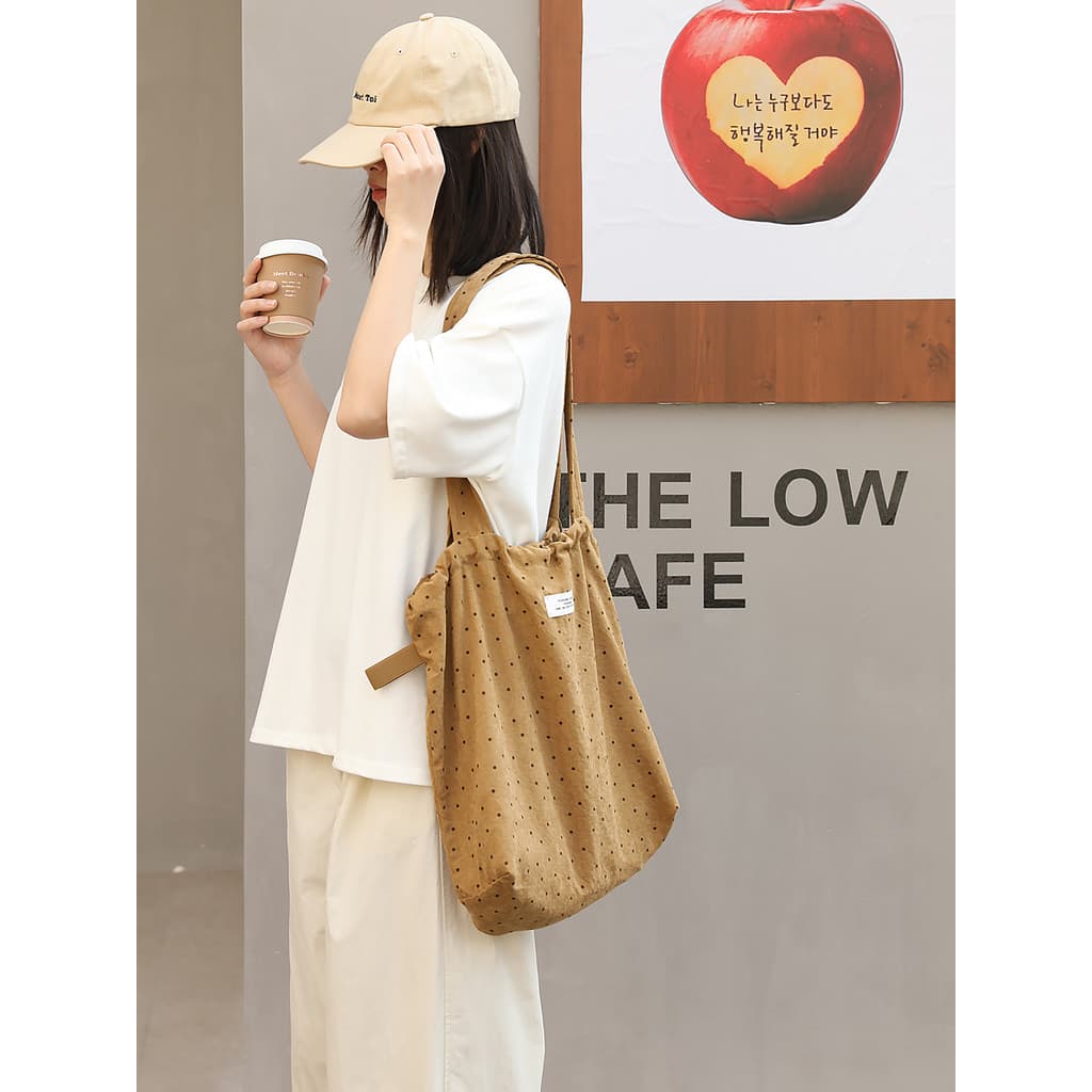 Japonês bonito Polka Dot bolsa de lona feminina All-Match puro algodão de um ombro axilas saco de pano estilo preguiçoso