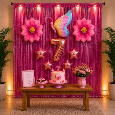 Kit Festa Borboleta Rosa Decoração Completa 2 cortinas Metalizado e Balões flor balão número