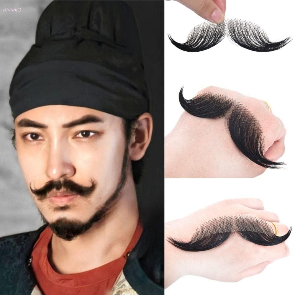 ADAMES Barba De Cabelo Humano , Maquiagem Real Artesanal , Falsa , Malha De Renda , Bigode Falso Realista Preto