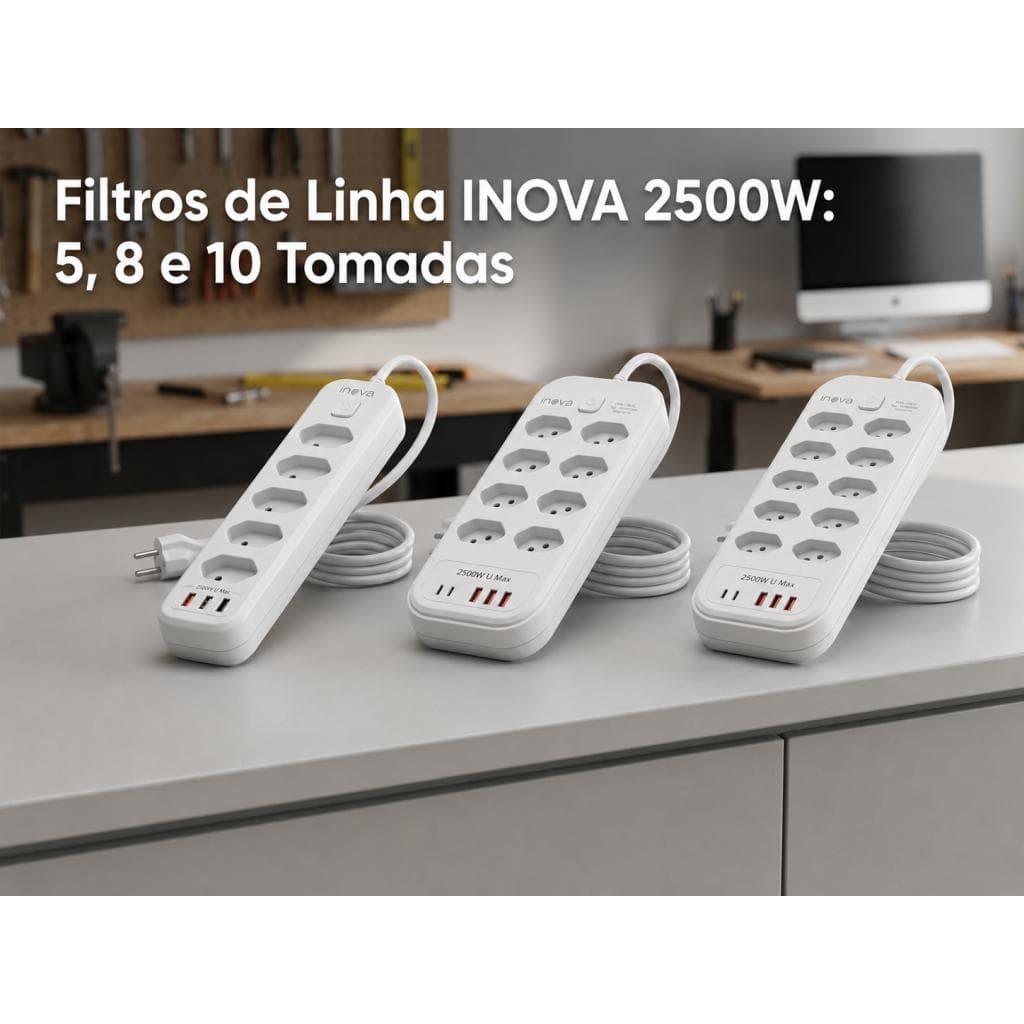 INOVA Régua Filtro de Linha com 10, 8 e 5 Tomadas 2500W Extensão Elétrica 110V/220V 2M Bivolt