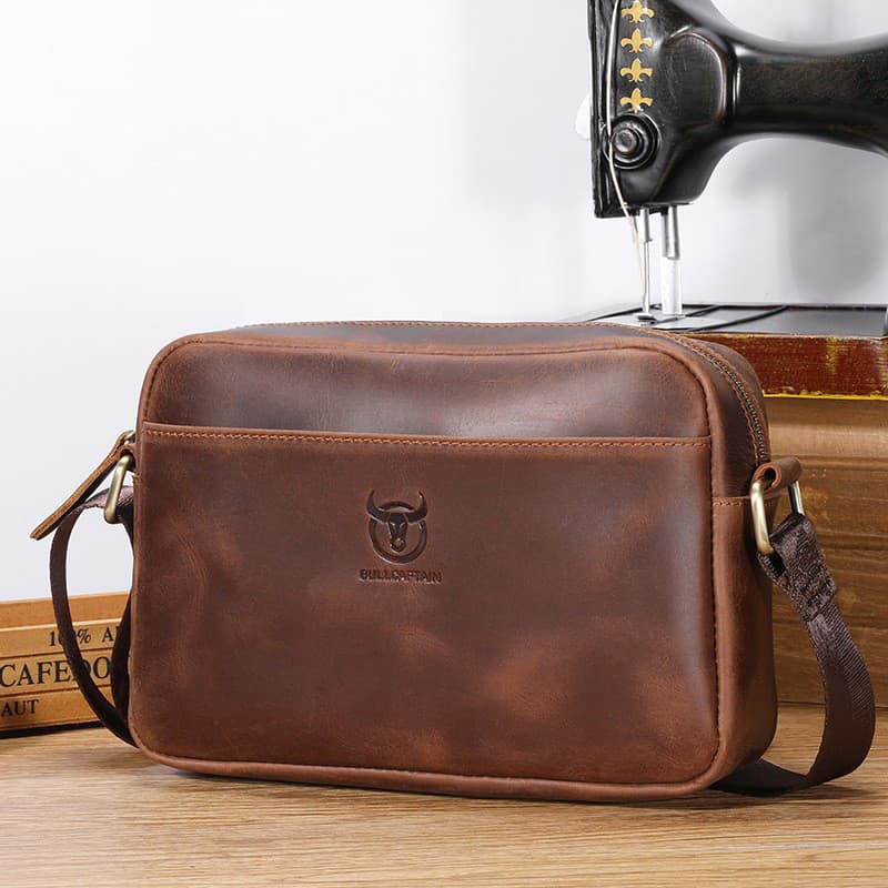 Capitão Niu Bolsa mensageiro masculina de couro genuíno estilo Horizontal primeira camada de couro de cavalo louco de um