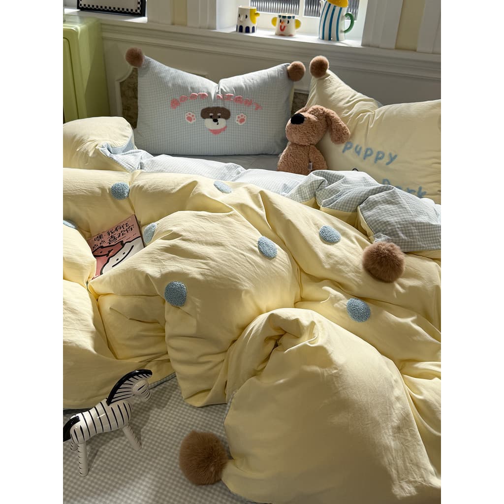 Creme queijo amarelo bonito bola de pele pequena toalha fresca bordado bolinhas cama de algodão lavado conjunto de quatr