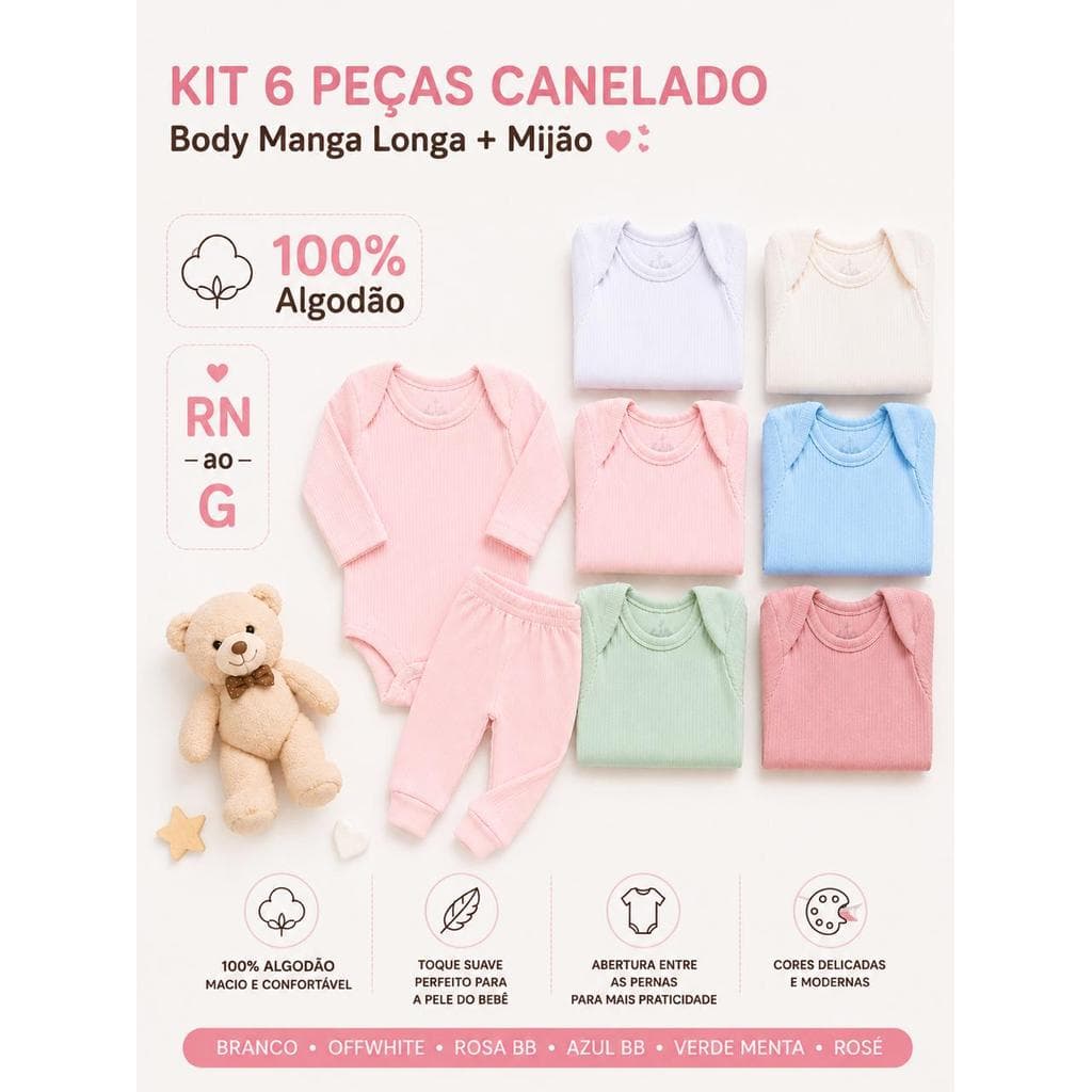Kit Enxoval Bebê 6 Peças Suedine Canelado Premium 100% Algodão