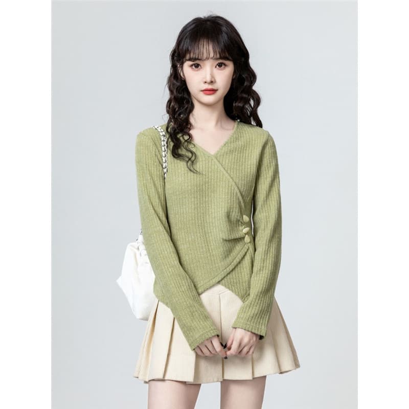 Estilo coreano quente menina com decote em v Irregular manga comprida camiseta feminina outono temperamento botão fenda