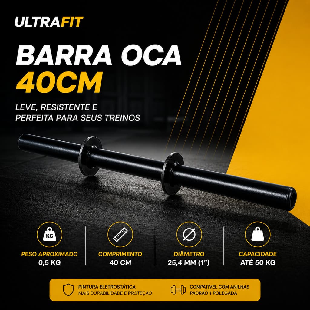 Barra Oca 40cm 1 Polegada Ultrafit para Halteres e Musculação até 50kg