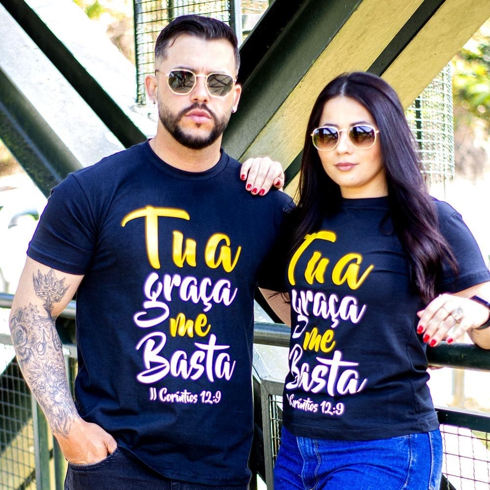 Kit 2 Camiseta Casal Namorados Estampada Evangélica Gospel Blusa Camisa Jesus Yeshua Tua Graça Me Basta 2 Coríntios 12:8