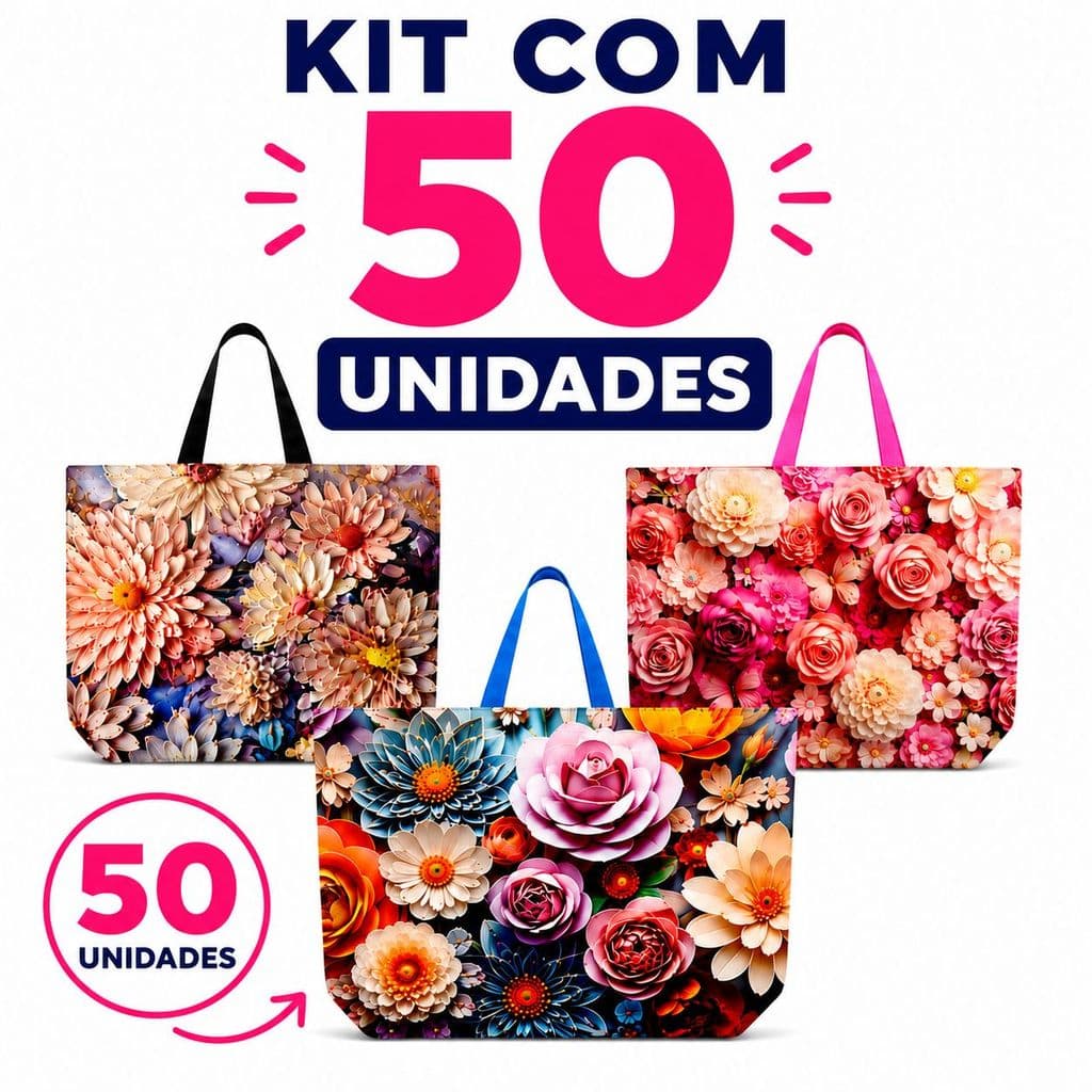 Kit 50 Sacolas Ecobag Média Reutilizável Sacola de Presente Feira em Poliéster Para Mercado 32x42