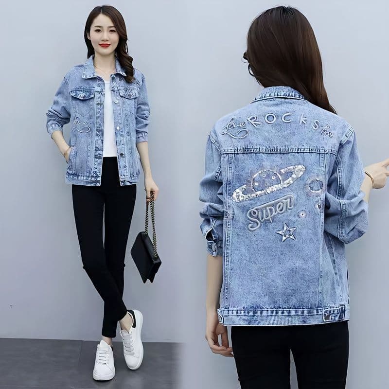 Coreano curto Denim jaqueta feminina primavera outono novo estilo tamanho grande versão coreana solto bordado All-Match