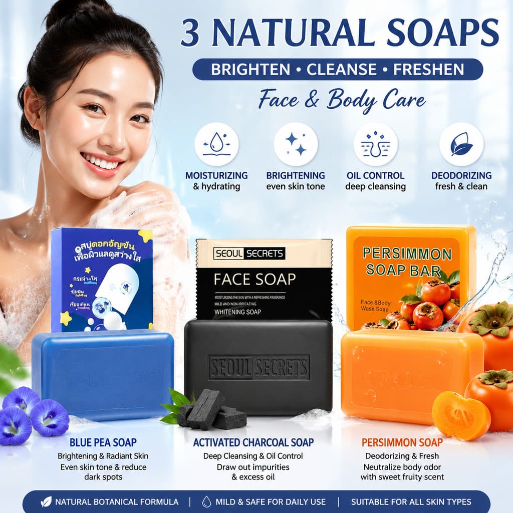 Coleção De Sabonete Iluminador Natural-Azul (Brilho) , Preto (Umidade Caqui (Controle De Óleo) | Limpeza Diária