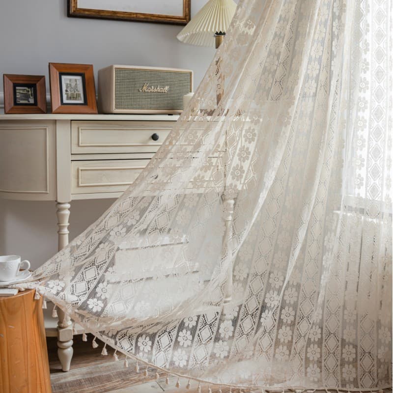 Cortina De Bolso Com Haste Floral Oca Americana Em Poliéster Jacquard Transparente Para Sala De Estar E Quarto