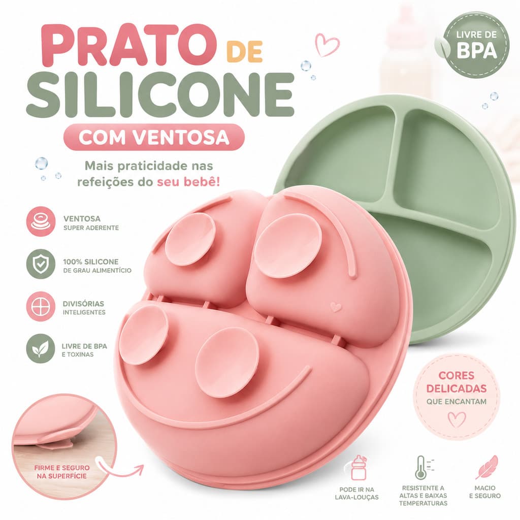 Prato Infantil de Silicone com Ventosa e Divisórias para Introdução Alimentar do Bebê