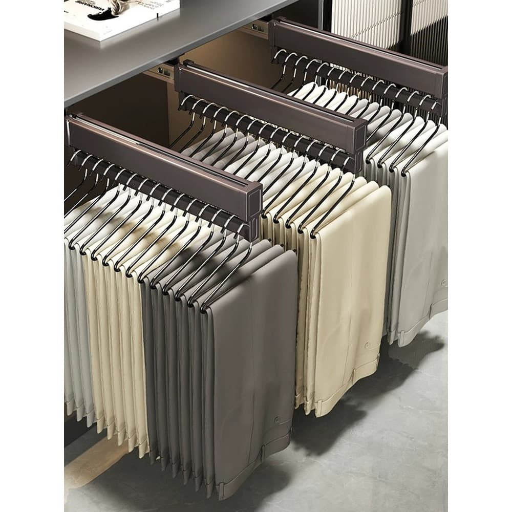 Guarda-roupa alemão embutido calças Rack retrátil trilho deslizante multifuncional doméstico liga de alumínio Pu