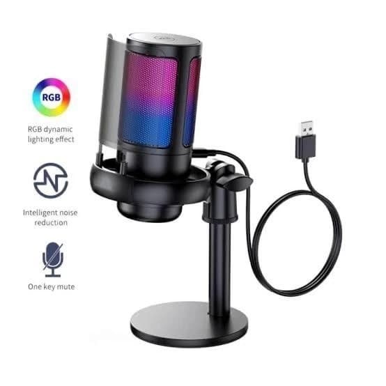Microfone Gamer Condensador RGB USB-C - Microfone para Podcast Streaming com Suporte 👾🎙️