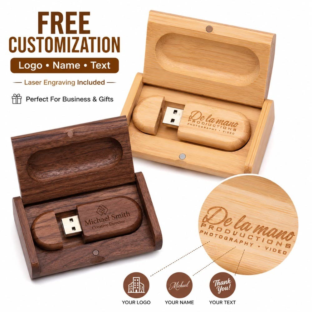 Unidade Flash USB 2.0 De Madeira Personalizada Com Caixa Gravação De Logotipo Grátis 4GB 16GB 32GB Fotografia De Casamen