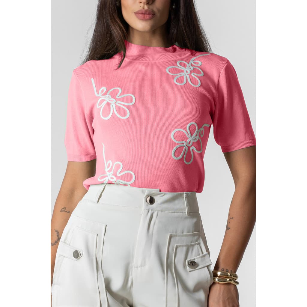 Blusa Feminina Gola Alta Estampa Bordada Flores Modal 33019