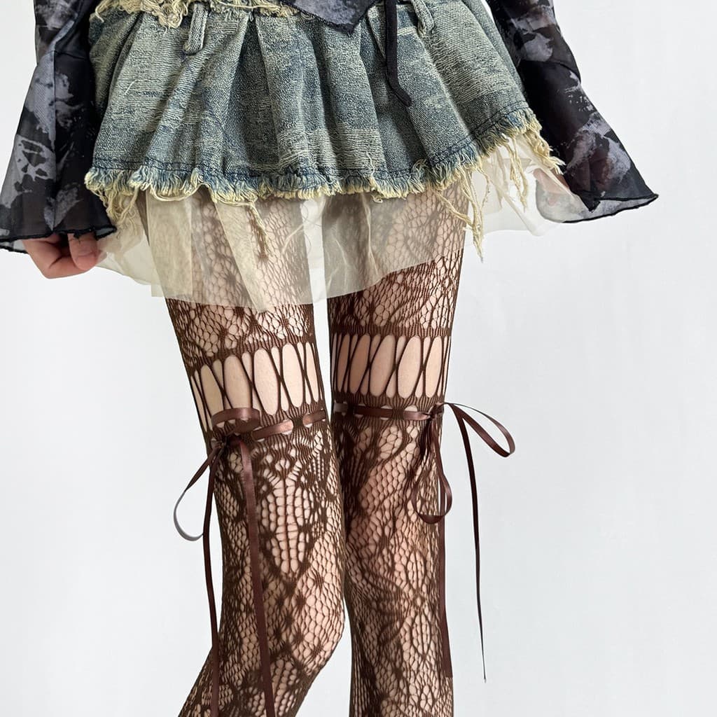 Meia-calça de renda vazada com laço, meia-calça de corda retrô japonesa estilo Millennium