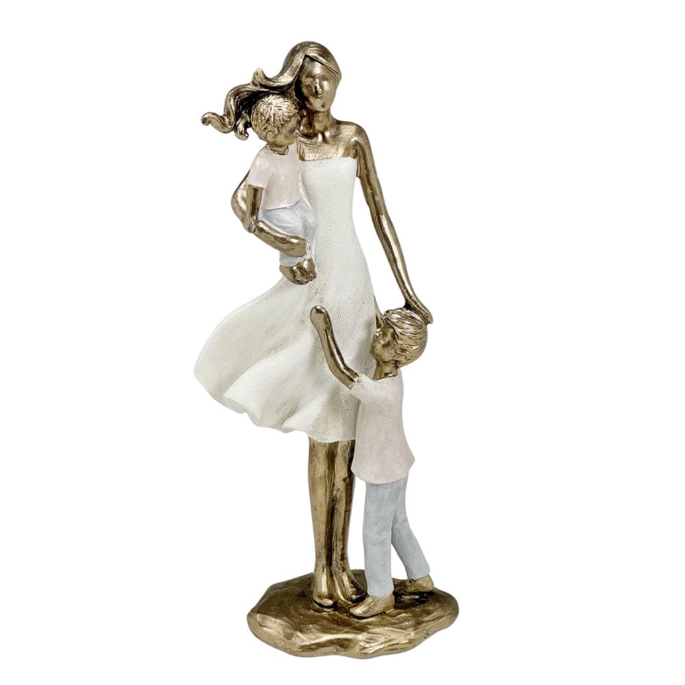 Escultura Estatueta Estátua Família Mãe Dois Filhos Meninos Decorativa Casa Sala Quarto Escritório Mesa Rack Estante