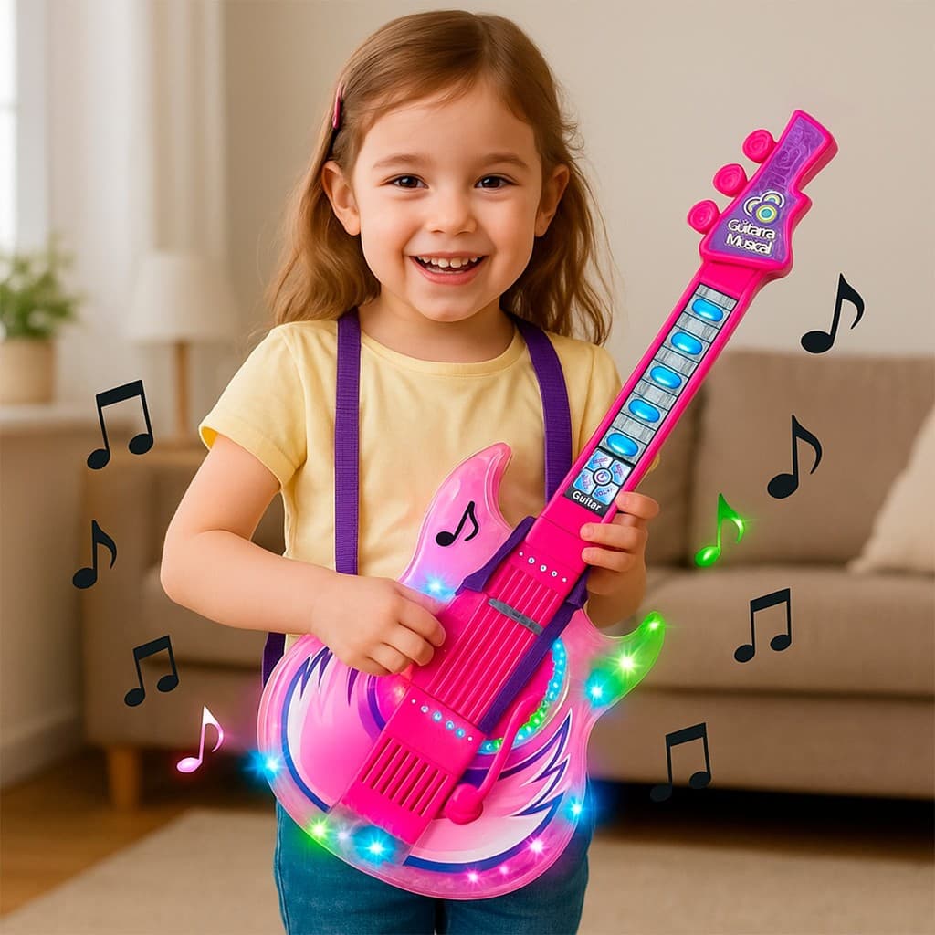 Guitarra Infantil Eletrica Rosa Instrumento Musical Com Alça Ajustável Som E Luz - For Kids
