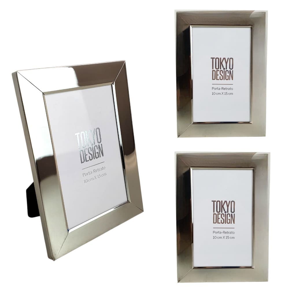 Kit 3 Porta Retratos 10x15 Metalizado Inox Vidro Brilhantes