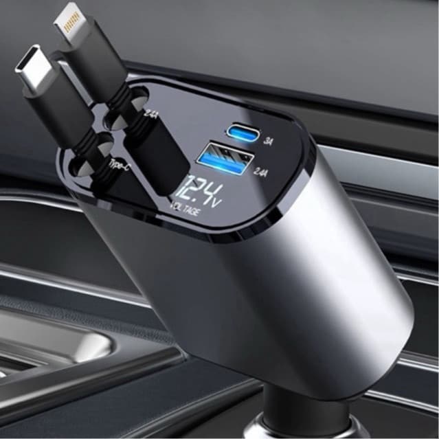 Carregador Veicular Retrátil 4 em 1 120W Carregamento Rápido Para iPhone e Android
