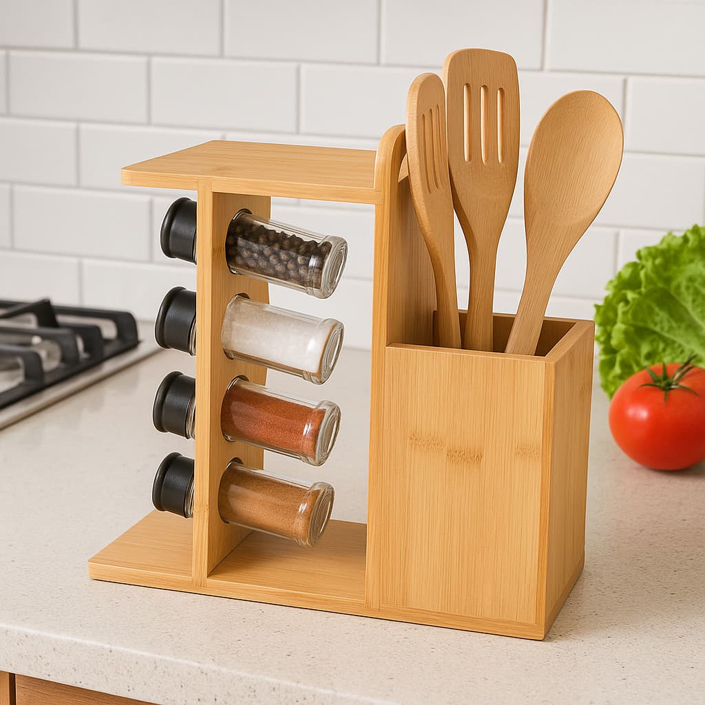 Porta Tempero Bambu Ecoliven Cozinha Suporte E Utensilios 4 Potes Condimentos Organizador Bancada Luxo Moderno Madeira
