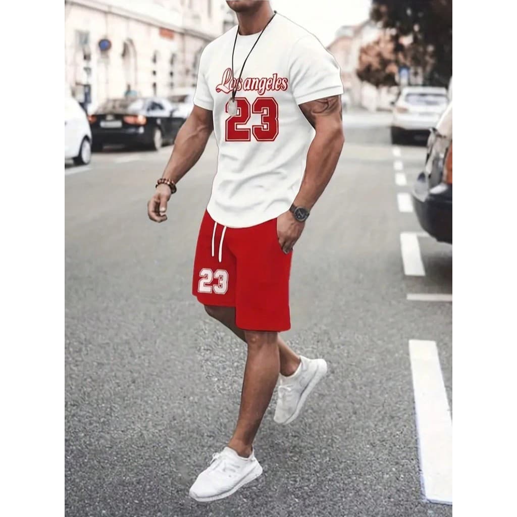 Kit Camiseta Branca + Bermuda de Moletom Estilo Tumblr "Los Angeles 23 Vermelho" - LANÇAMENTO ESPECIAL